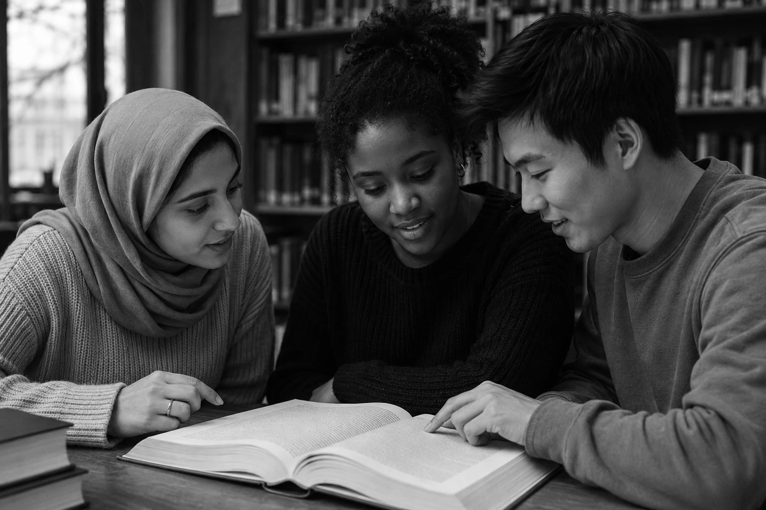 Illustratives KI-Motiv: Drei Studierende besprechen gemeinsam ein juristisches Buch in einer Bibliothek.